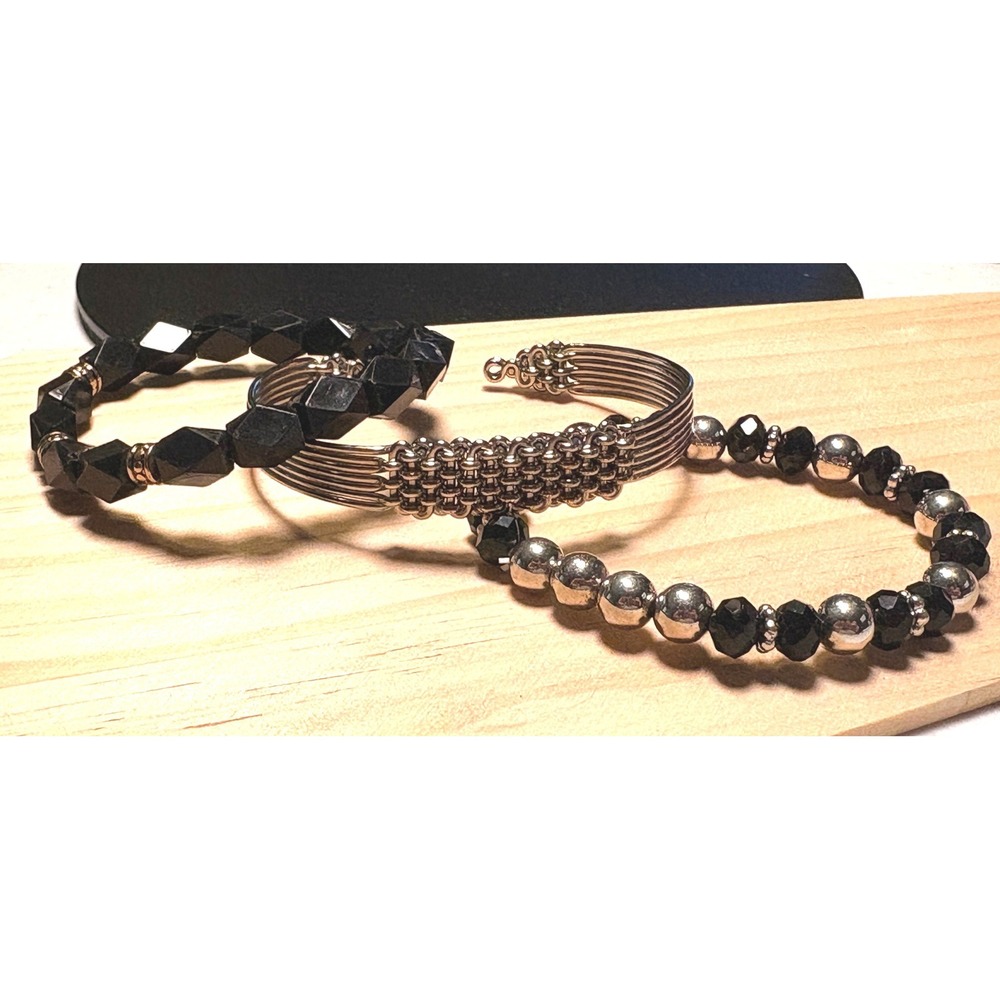 Bracelet Set Women 6.5in Black Silver Good Mixed Media Stackable 3pc